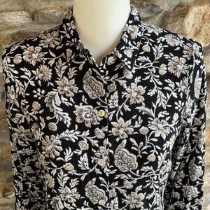 J. Jill Floral Blouse. Button-up, 3/4 Sleeves, Top, Shirt, Black White Tan Sz XS